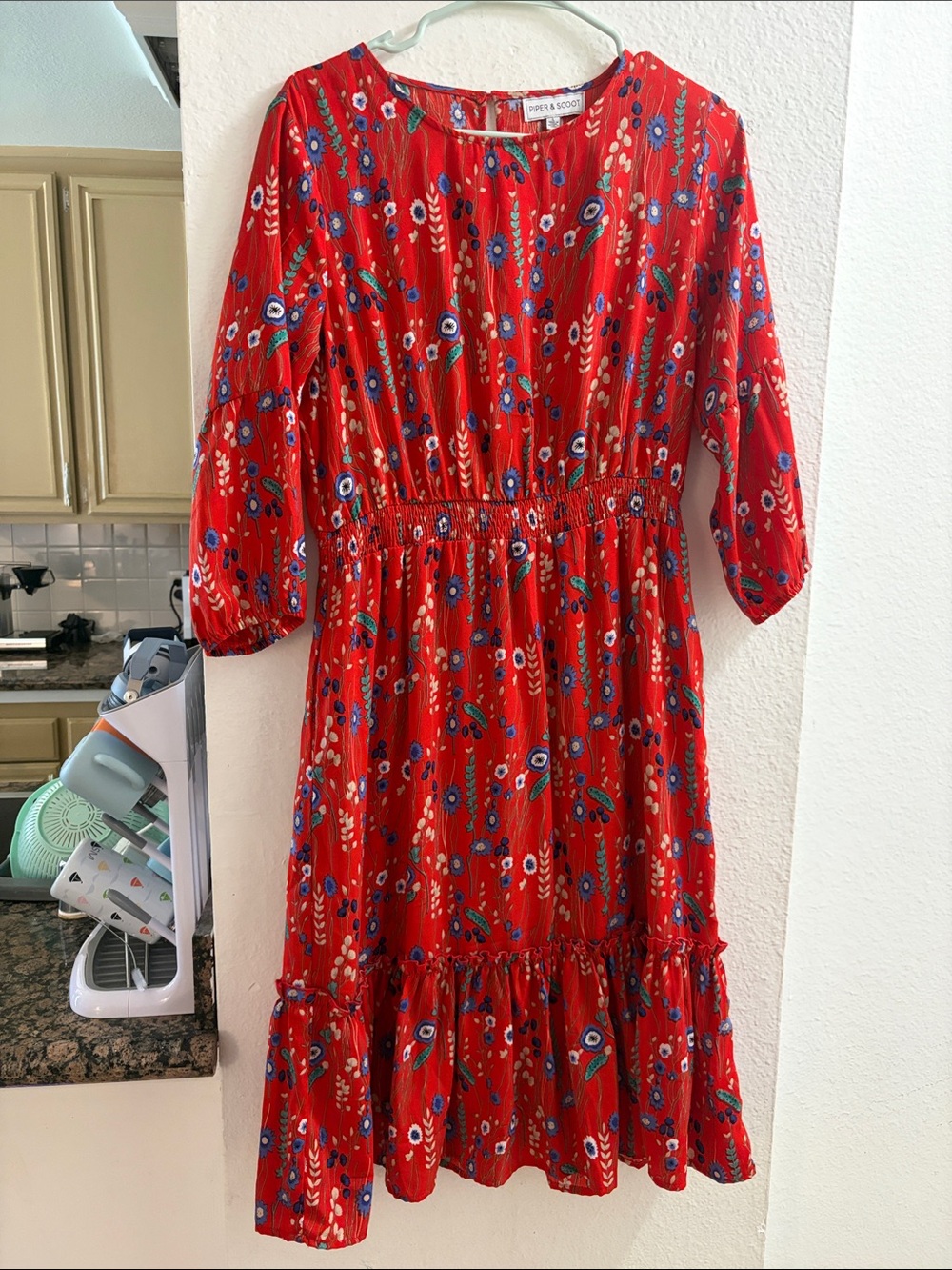 Piper and scoot Red Floral Tiered Long Sleeve Midi Dress